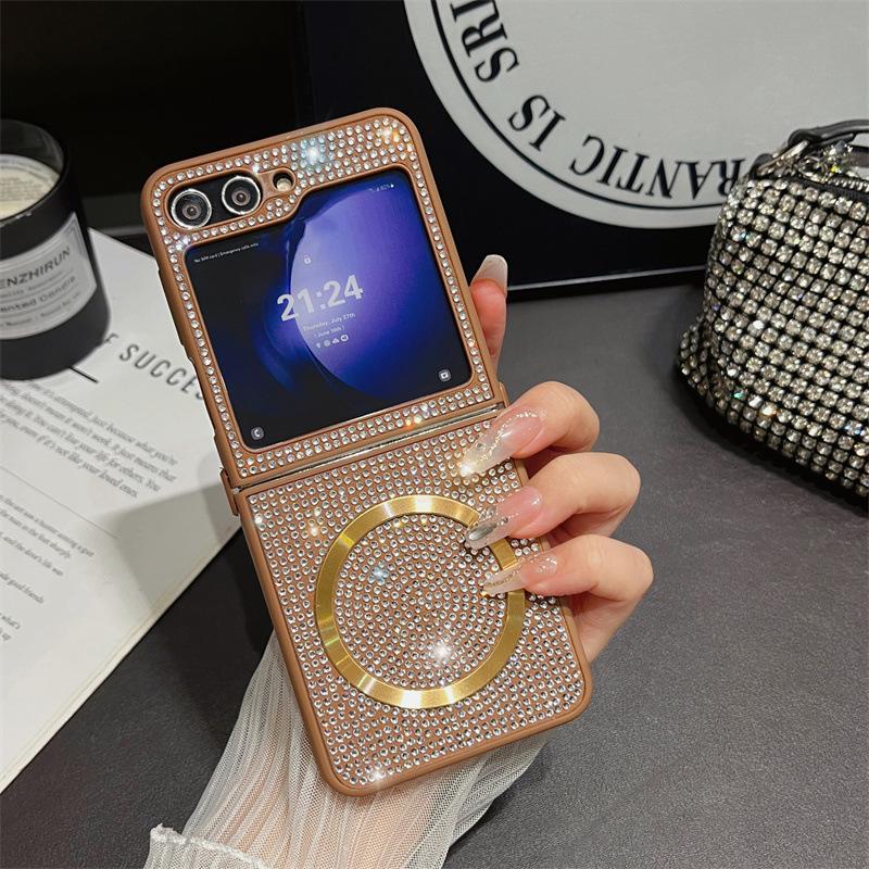 Diamond Magnetic Protective Case with Lanyard for Samsung Z Flip 6/7, Compatible with Wireless Charging Samsung Z Flip 5