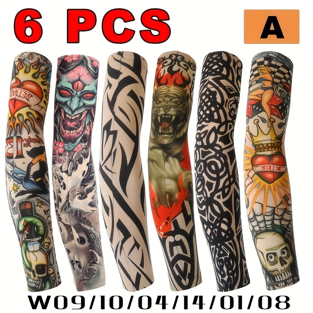 6 Stück gemischte Tattoo-Armschoner für Männer, Eisseide, Sonnenschutz, Kühlende Armschoner für Outdoor-Sportarten, Radfahren und Angeln