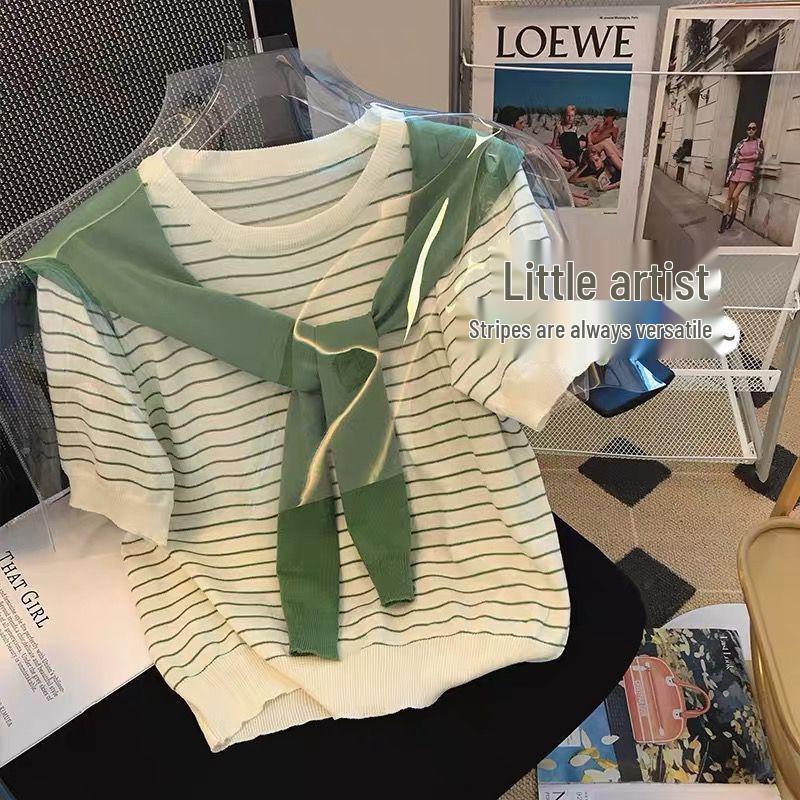 

Унисекс Летняя Полосатая Вязаная Шаль-Футболка из Ледяного Шелка One Size [High Quality] зелёный