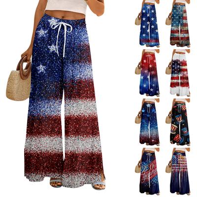 Women Summer Boho Palazzo Pants High Waist Wide Leg Floral Printing Casual Trousers With Pockets