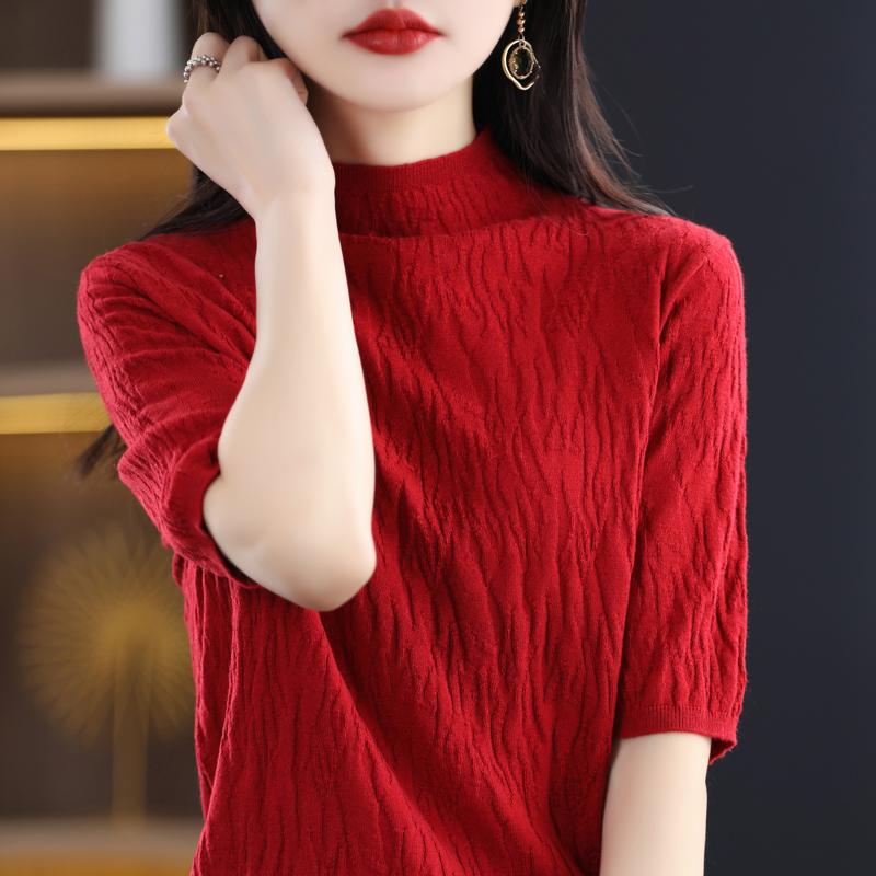 Women Knit T-shirt Summer Knitted Shirt Short Sleeve Tees Spring Pullover Knit Tops
