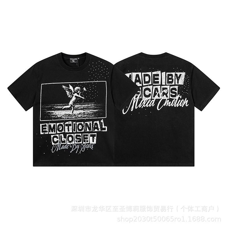 Unisex Vintage American Style Loose Fit Cotton Tee With Embellished Letter Print Round Neck Short Sleeve