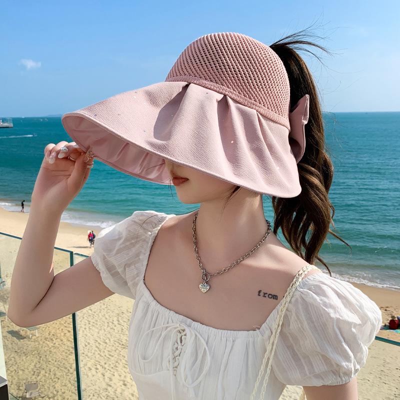 Summer Empty Top Ribbon Bowknot Straw Hats for Women Floppy Panama Sun Hat Travel Beach Female Foldable Sunscreen Cap