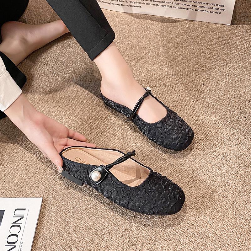 

338-4 silver bag head half slippers outer wear women s shoes 2025 flat bottom round head inner height increase Mary Jane large size single 34 чёрный