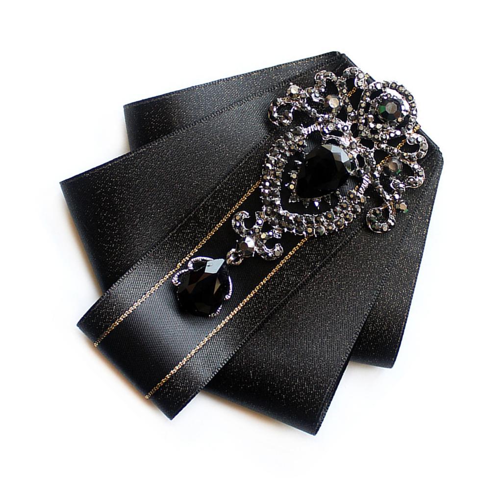Silk Ribbon Bowtie Brooch Pin Mens Women Wedding Party Vintage Pretied Necktie Clip Crystal Bowknot Shirt Collar Tie