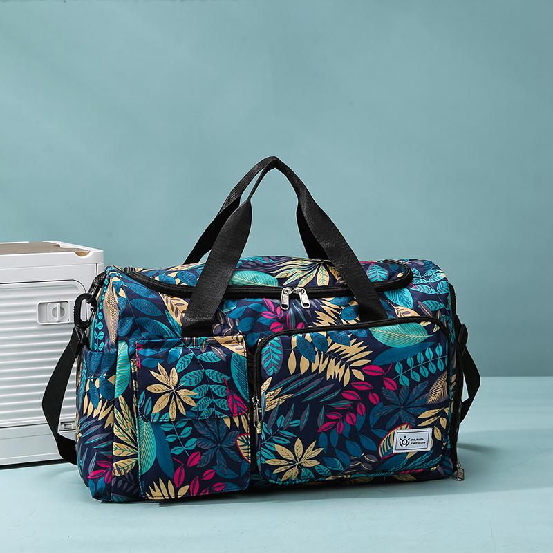 Oxford Fabric Travel Duffel Bag with Leaf Print Multiple Pockets Waterproof Gym Weekender Bag