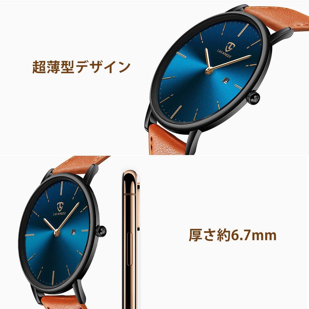 simple analog watch with date display and leather strap in orange and black and Men's minimalist, fashionable, blue, blue-orange.