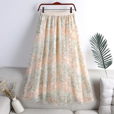 Spring and Autumn Woman High-waisted A-line Dress Mesh Embroidery Mid-length Skirt Female Skirt