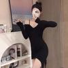 Sexy Black Skinny Dress Long Sleeve Autumn Collar Dew Spice Girl Skinny Waist Irregular Short Skirt Bottom Skirt