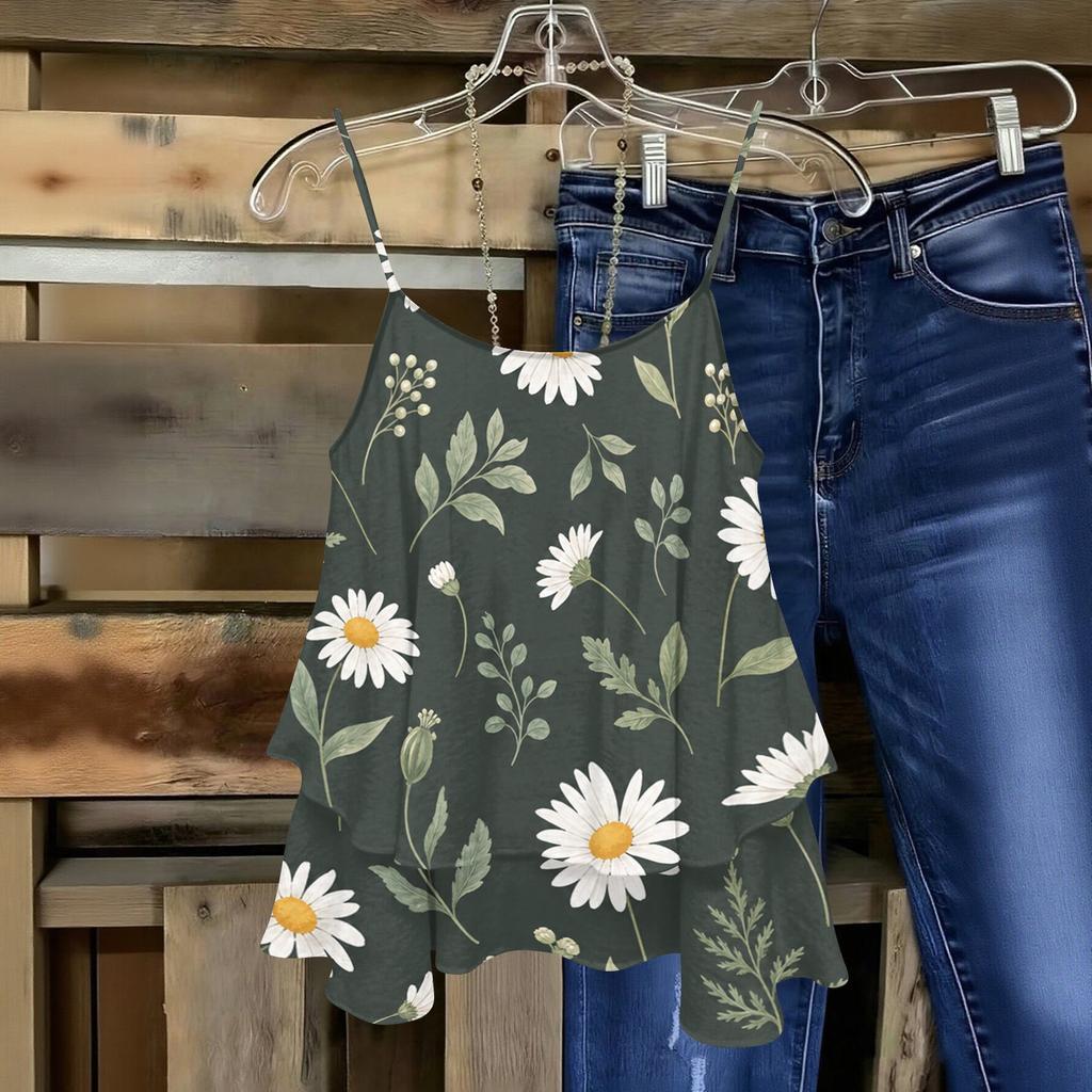 Women Sleeveless Floral Print Double Layer Camisole Top Lightweight Spaghetti Strap Summer Blouse Casual Loose Fit Shirt