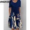 IHUASU 30 Color Pleated Midi Dress Short Sleeve Round Neck Loose Hem Mid-Calf Length Women Floral A-Line Party Dress Casual Wear
