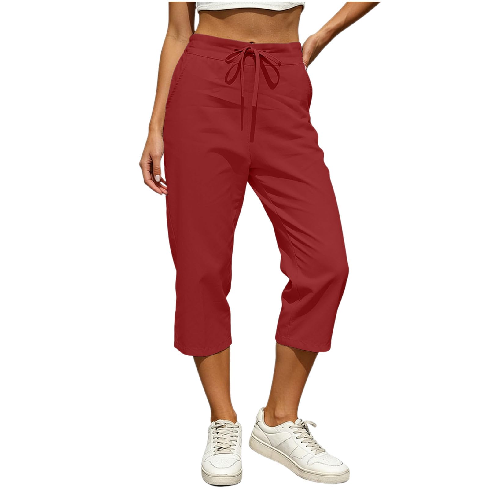 

Women s Fashionable Elastic Waist Drawstring With Pocket Sports Summer Cotton And Hemp Junior Pants XL винний