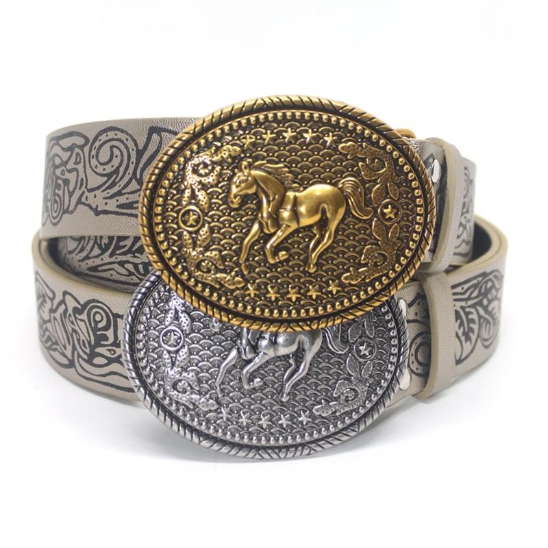 Floral Engraved PU Belt for Jeans Women Vintage Horse Pattern Buckle Waist Belt