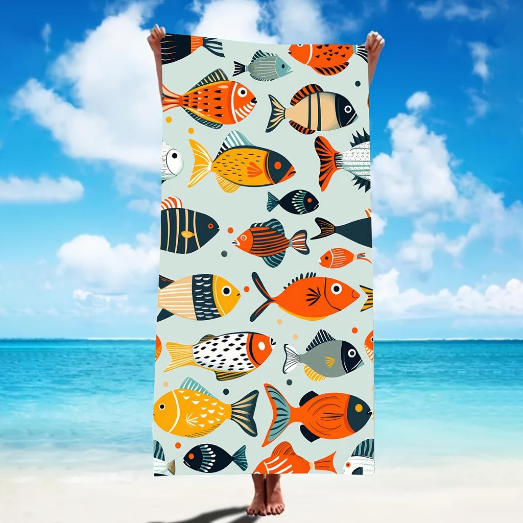 Serviette de plage imprimé poisson art populaire coloré, Coton doux à séchage rapide, Motif de poisson tribal multicolore fantaisiste pour l'été et la piscine