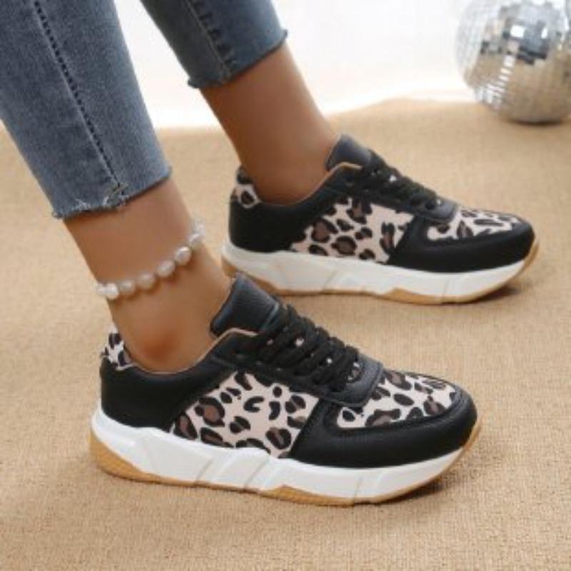 Große Schnür-Freizeitschuhe – Neue klobige Sohle, runde Spitze, Low-Top, Leopardenmuster, Sportliche Sneaker für Damen