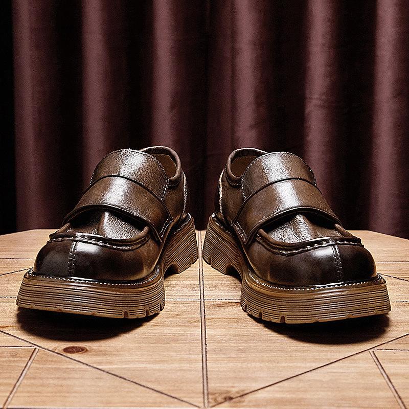 Premium Soft Cowhide Heightened Platform Loafers British Summer Casual Leather Shoes Genuine Leather One-Pedal Commuter Men'S Shoes