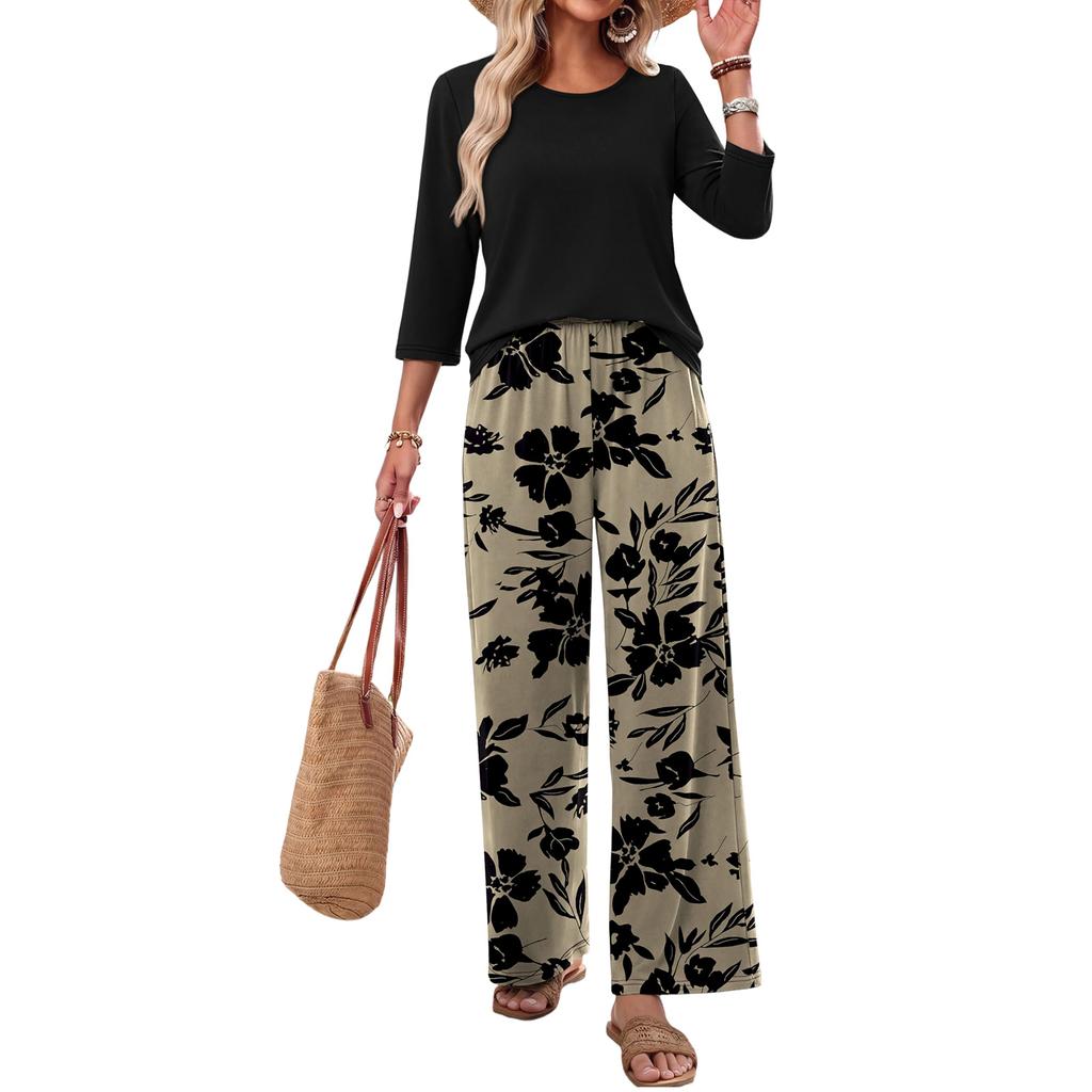 Women Casual Loose Fit Printed Three Quarter Sleeve Round Neck Top with Wide Leg Pants Two Piece Set Comfortable Relaxed Fit