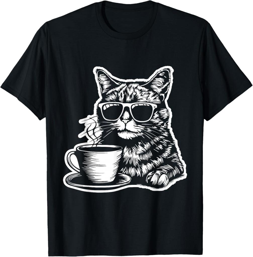Casual Artistic Design Cat Drinking Coffee Tshirt