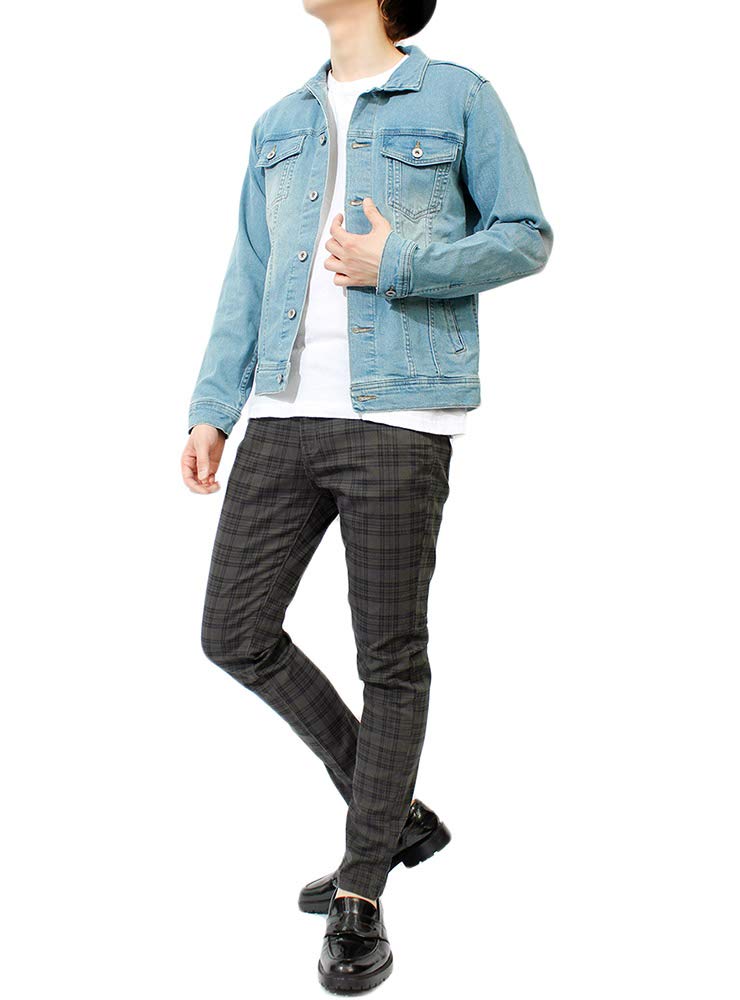 One Colors Men's Checked and Striped Skinny Pants, Stretch Slim Fit, Size Small, Charcoal Check