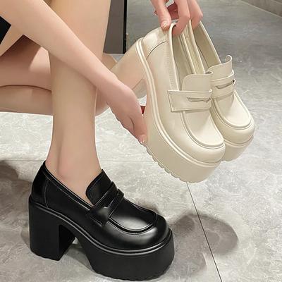Čiernobiele robustné mokasíny na platforme Dámske nové Jesenné Lodičky na vysokom podpätku Dámske Slip On Pu Kožené Goth Topánky Dámske