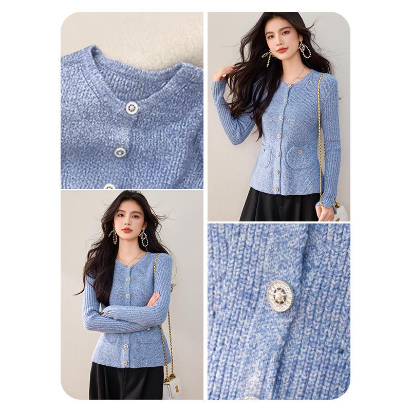 Blue Round Neck Knitted Cardigan for Women In Autumn and Winter New Small Fragrance Design Pocket Sweater