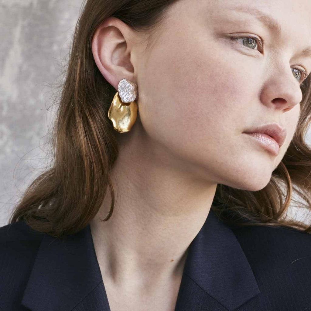 Spring Gold And Silver Color Matching Irregular Texture Pattern Round S925 Silver Needle Earrings Niche Personalized Earrings