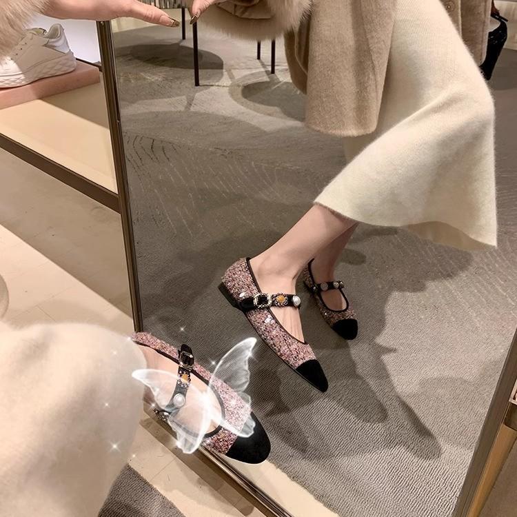 Princess Su Yinyin Anne~ Xiaoxiangfeng Tweed Color Matching Word Mary Jane Shoes Women's Flat Shoes