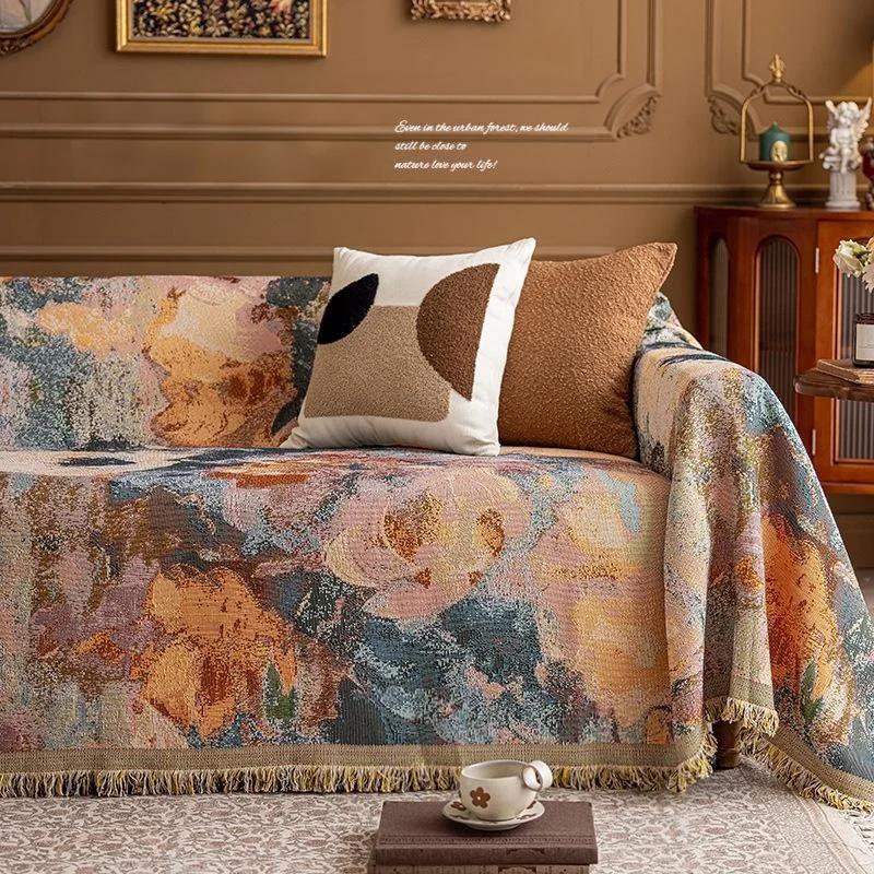 Retro Oil Painting Design Sofa Towel All Season Universal for Living Room Home Decor Tassel Sofa Cover Cloth Flowers Couch Towel