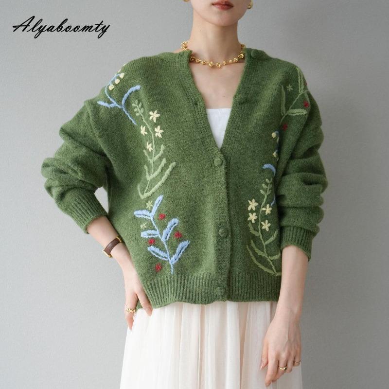 Moda Coreana Outono Inverno Cardigan Tricotado Feminino Bege Cinza Verde Bordado Floral Suéter Tricot Elegante Vintage Quente Agasalho