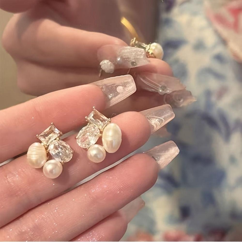 Square Shape Light Luxury Earrings Zircon Pearl High-End Earrings  Women Jewelry