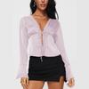 Women S V Neck Long Sleeve Lace Bow Open Front Top