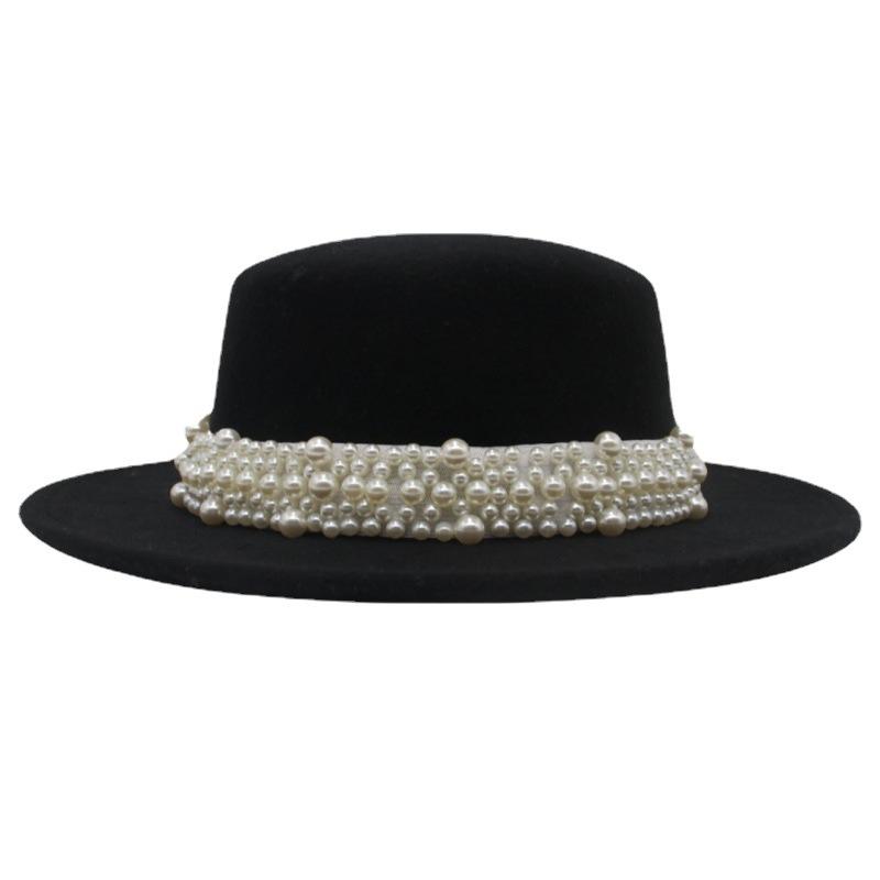 French Retro Woolen Top Hat Women'S Flat Top Pearl Felt Hat Wide Brim Sunshade Sunscreen Hat