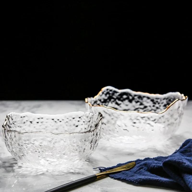 1PCS Glass Salad Bowl Irregular Gold Inlay Edge Fruit Rice Serving Bowls Food Storage Container Dessert Snack Mixing Bowl