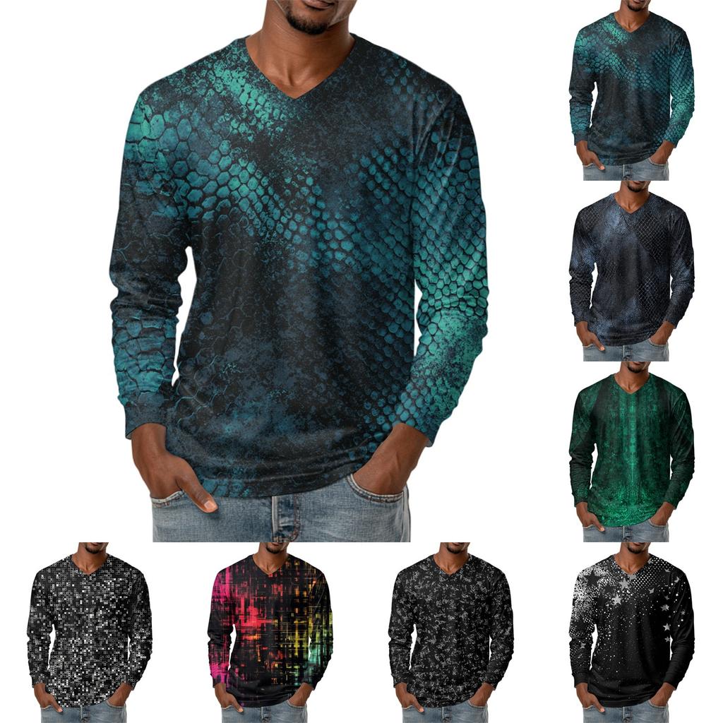Ανδρικό T-shirt Τοπ με V λαιμόκοψη, casual μόδα, με τύπωμα, μακρυμάνικο