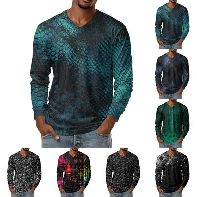 Men's V-neck Casual Fashion Printed Long-sleeved T-shirt Top