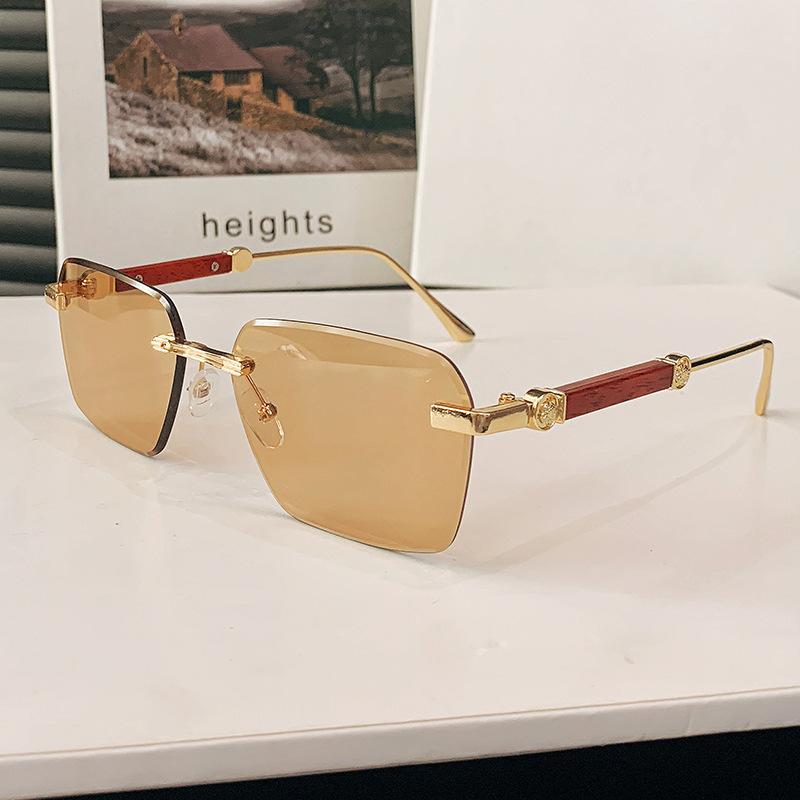 Kajia frameless color-changing sunglasses men's marine slice trimmed wood grain glasses legs square frame sunglasses women's trendy glasses