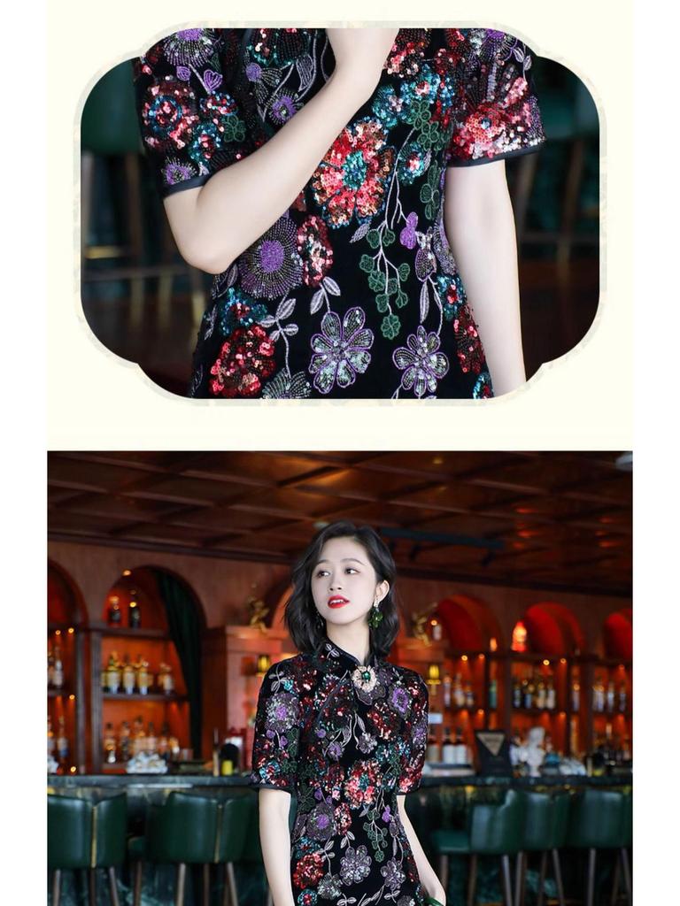 Women's Retro Chinese-Style Autumn Cheongsam with Embroidered Sequin Details