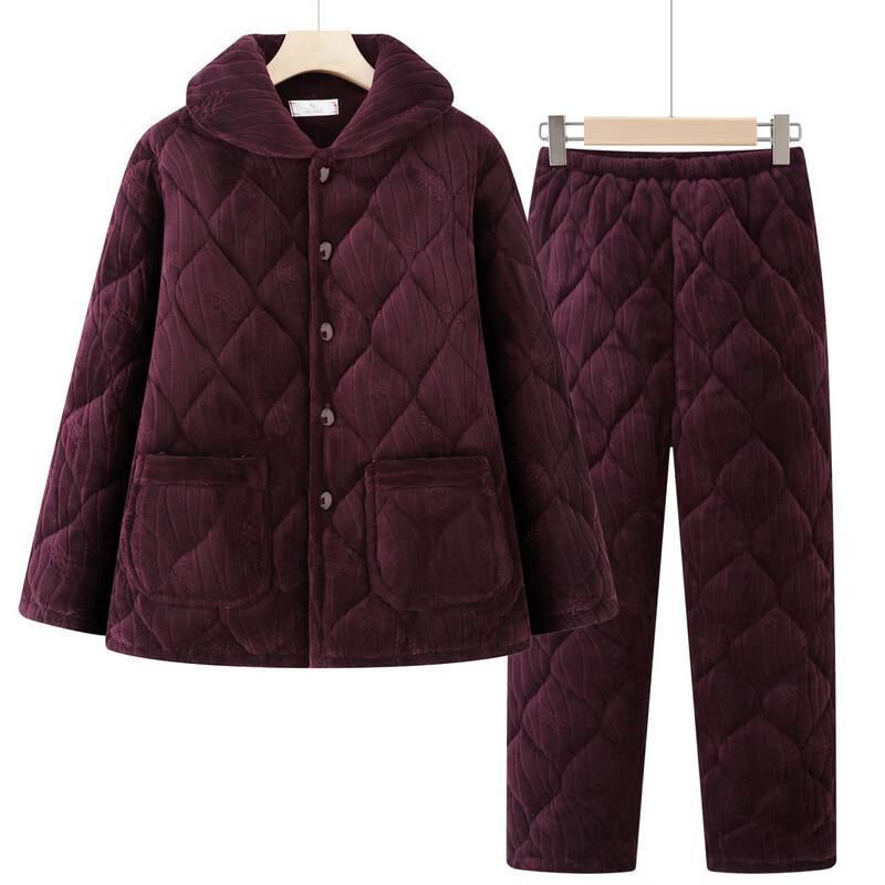 Langsha Elderly Women's Fleece-Lined Thermal Pajama Set