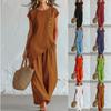 Women Solid Color Short Sleeve Button Detail Loose Fit Jumpsuit Casual Wide Leg Pants Romper