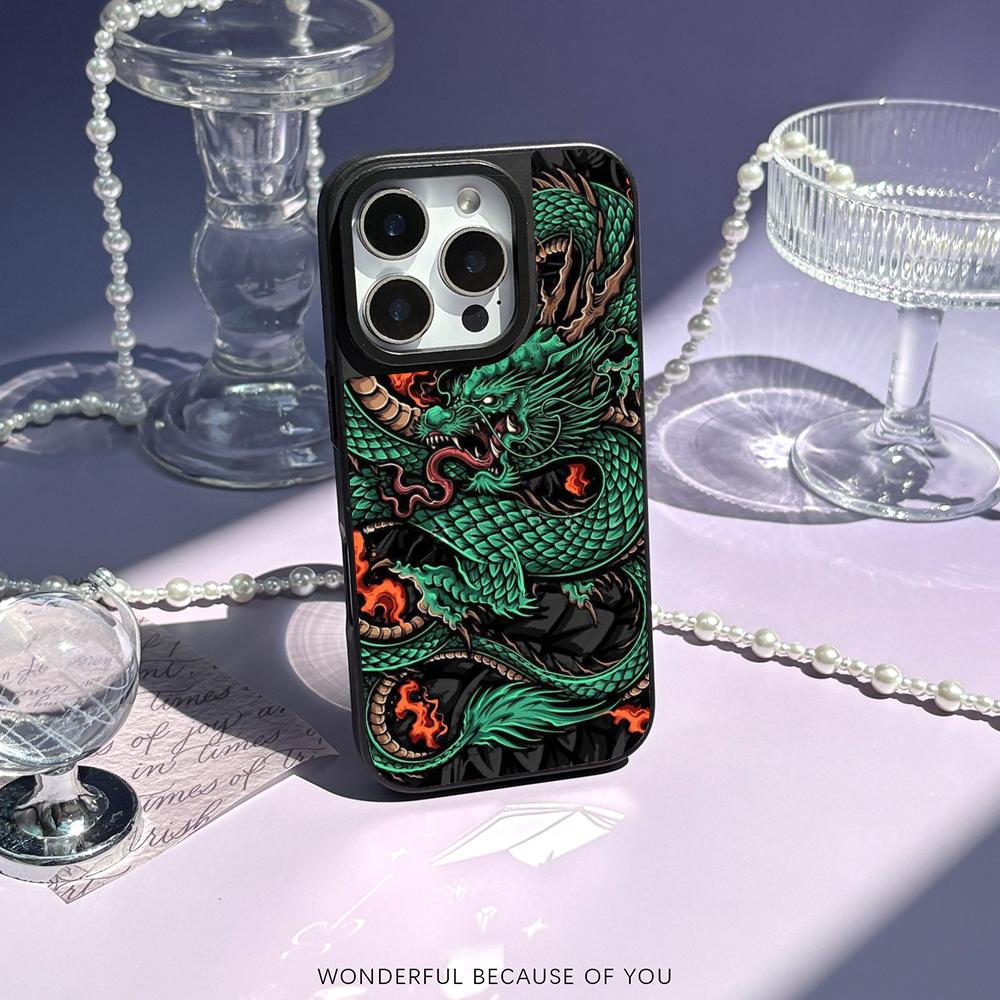 Japanese Dragon Super Cool Painting Phone Case for iPhone 17 16 E 15 14 13 12 Pro Max Sheepskin Silver-edged Protective Case