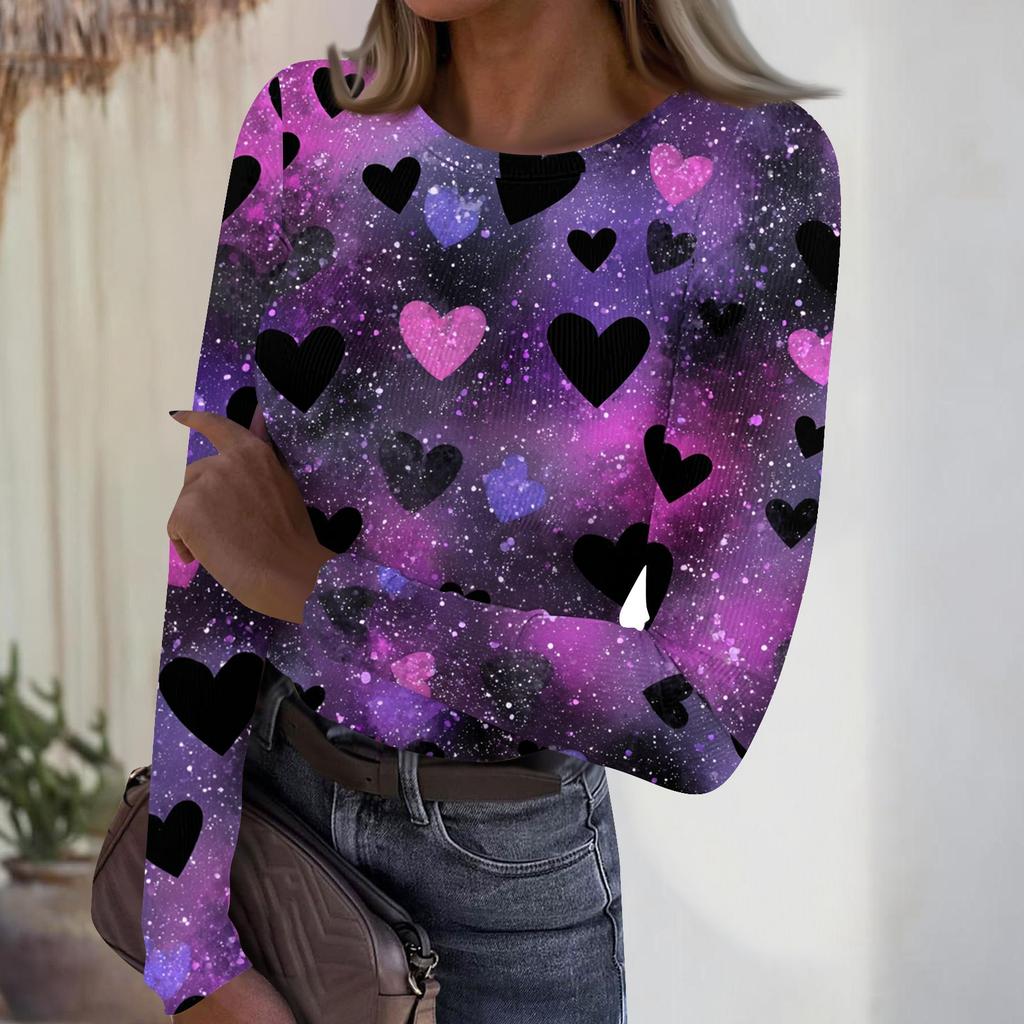 Women's Casual And Fashionable Round-neck Long-sleeved Ribbed Top With Valentine's Day Print.