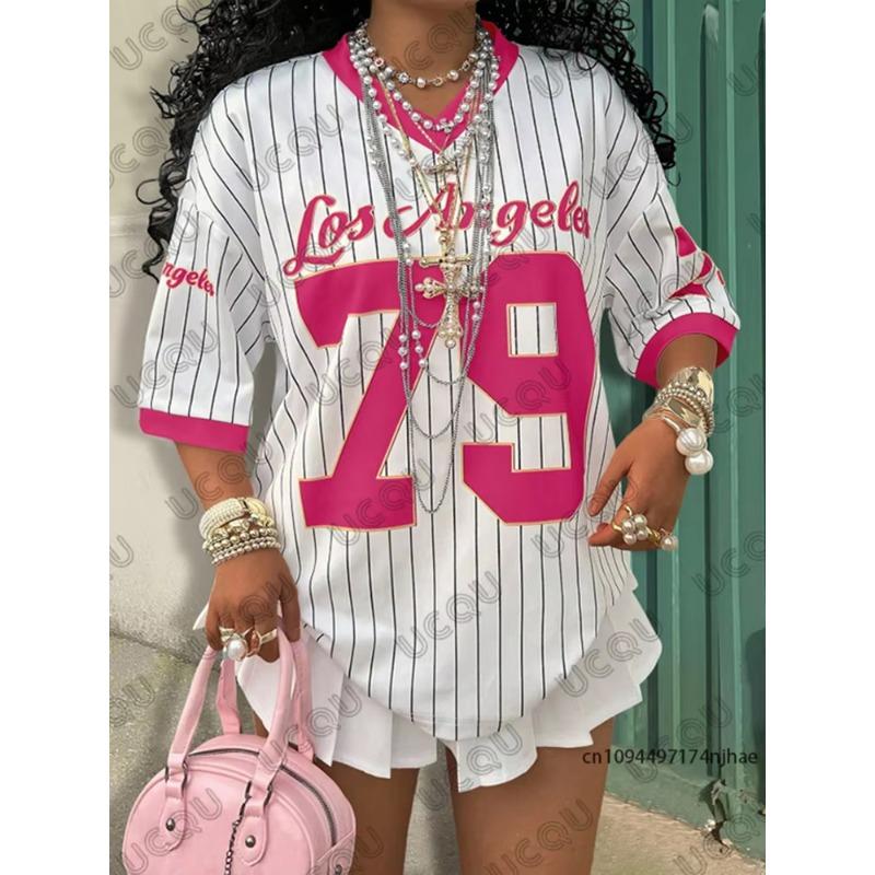 GlowGir Summer New Los Angeles 79 Print Stripe T-shirt for Women V-Neck Short Sleeve Tees Sports Football Jersey Y2K Loose Oversized Top