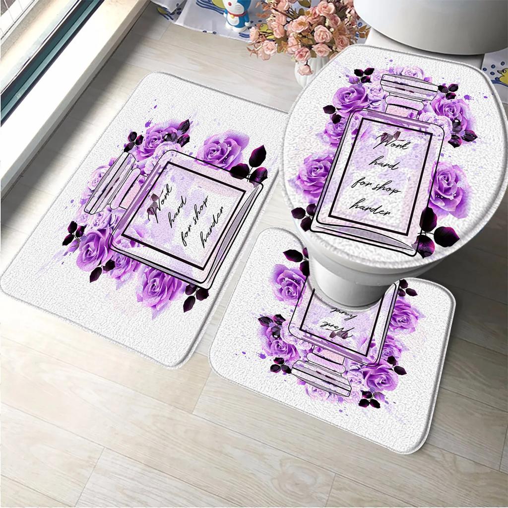 3pcs Set Perfume Flower Butterfly Bath Mat Bathroom Rugs Anti Slip Black White Stripes Bathtub Side Mats Doormat Carpet Decor