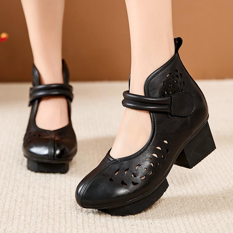 GKTINOO New Women Summer Sandals Breathable Hollow Thick High Heel Casual Shoes genuine Leather Retro Short Boots