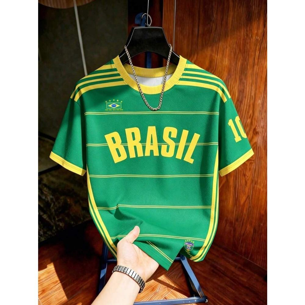 Brasile Rio De Janeiro Maglietta da Calcio Gialla Verde Stampa Classica Brasile Leggera Comoda Casual Streetwear Regalo per i Fan