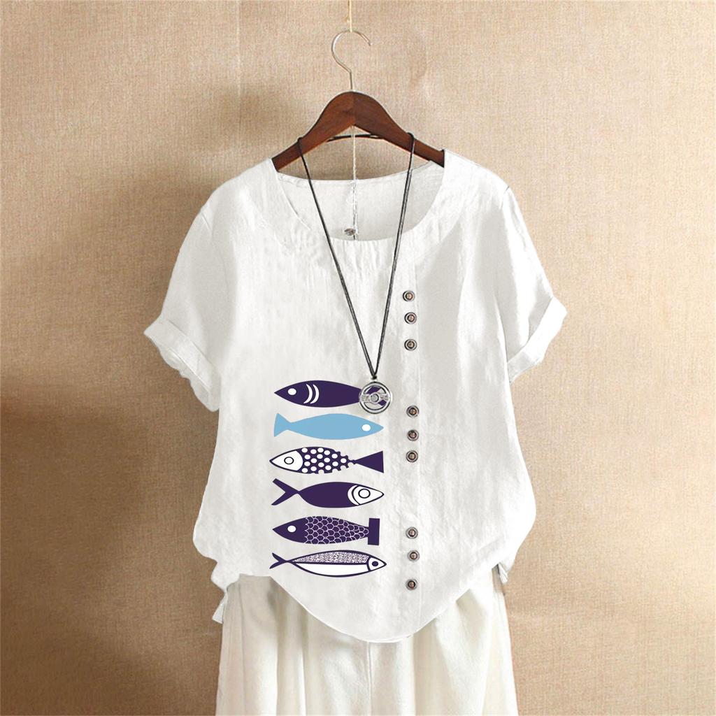 T-shirt Estiva Oversize in Cotone e Lino a Maniche Corte, Abbigliamento Donna Oversize Stampato in Cotone e Lino