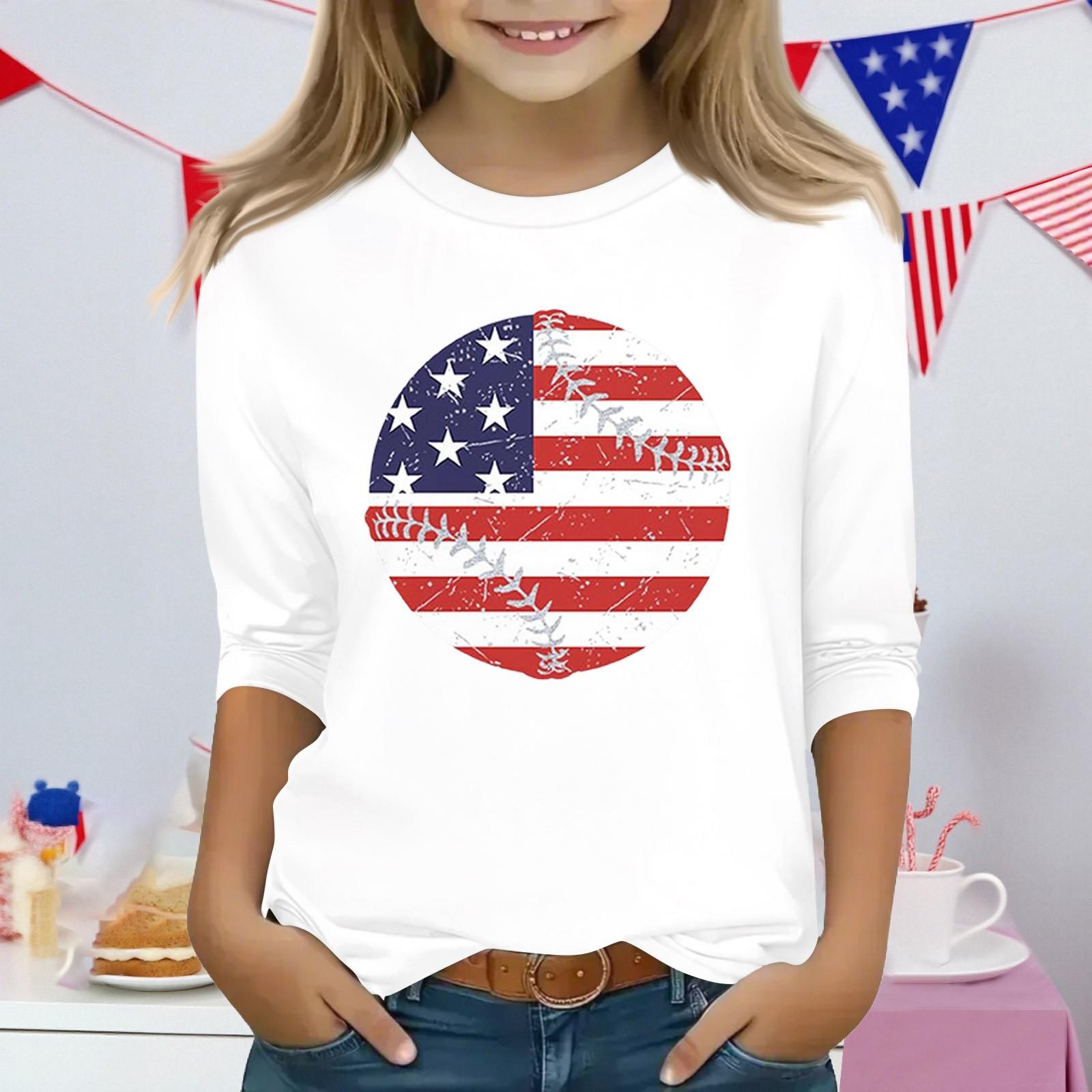 

Топы с принтом для девочек 3-10 лет с круглым вырезом и рукавами 3/4 Футболки Модные топы Наряды Футболки 120 белый