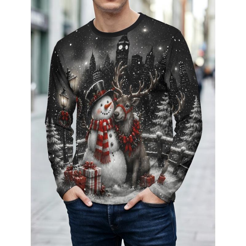 Men's Christmas Theme Crewneck Long-sleeve Top, Holiday Party Fun Printed Casual Sweatshirt with Snowflake, Reindeer and Santa Claus Patterns