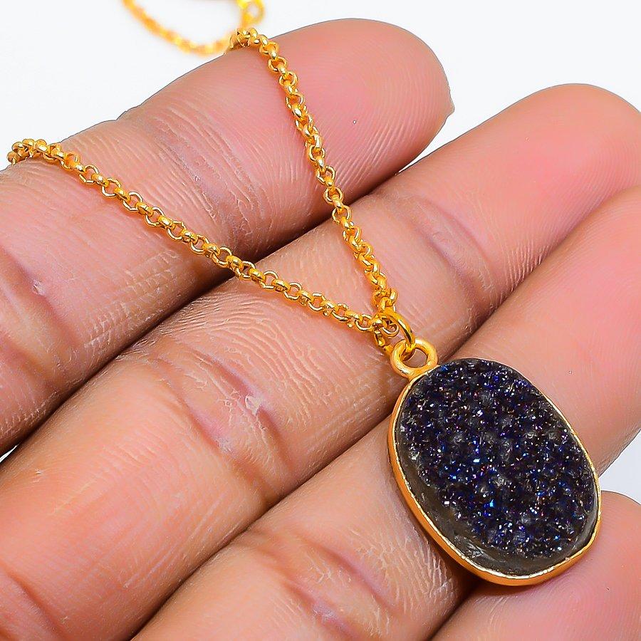 Peacock Titanium Druzy Gemstone 925 Sterling Silver Jewelry Necklace 20" GK-5003