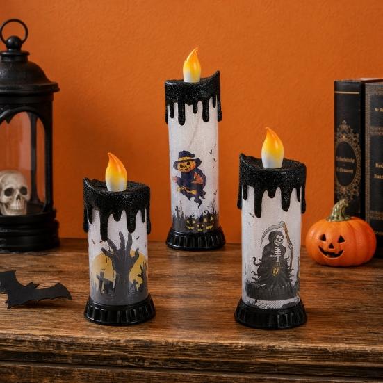 Electronic Candle Light, Fun Halloween Spooky LED Candle, 3-Color Flickering Realistic Flame Safe Battery Light for Party Decor Desktop Ornament